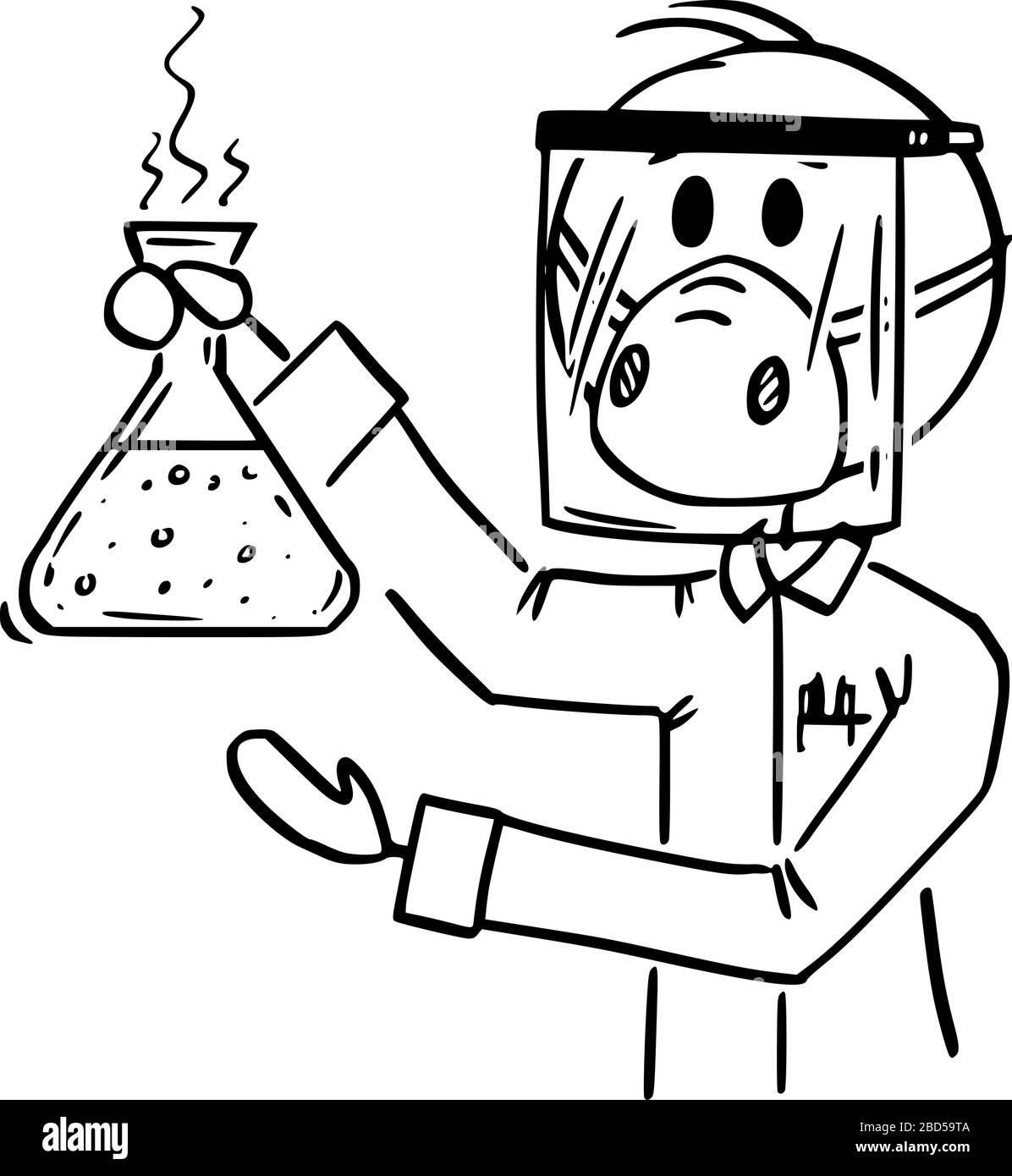 Vektor Cartoon Stick Figur Zeichnung konzeptionelle Illustration des Wissenschaftlers, der im Labor arbeitet und Gesichtsschutz und Maske trägt, die gefährliche chemische oder biologische Proben zeigt. Infektions- oder Medizinkonzept. Stock Vektor