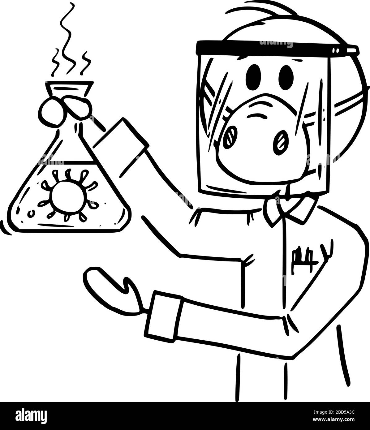 Vector Cartoon Stick Figur Zeichnung konzeptionelle Illustration des Wissenschaftlers, der im Labor arbeitet und Gesichtsschutz und Maske trägt, die gefährliche biologische Coronavirus COVID-19-Probe zeigt. Stock Vektor