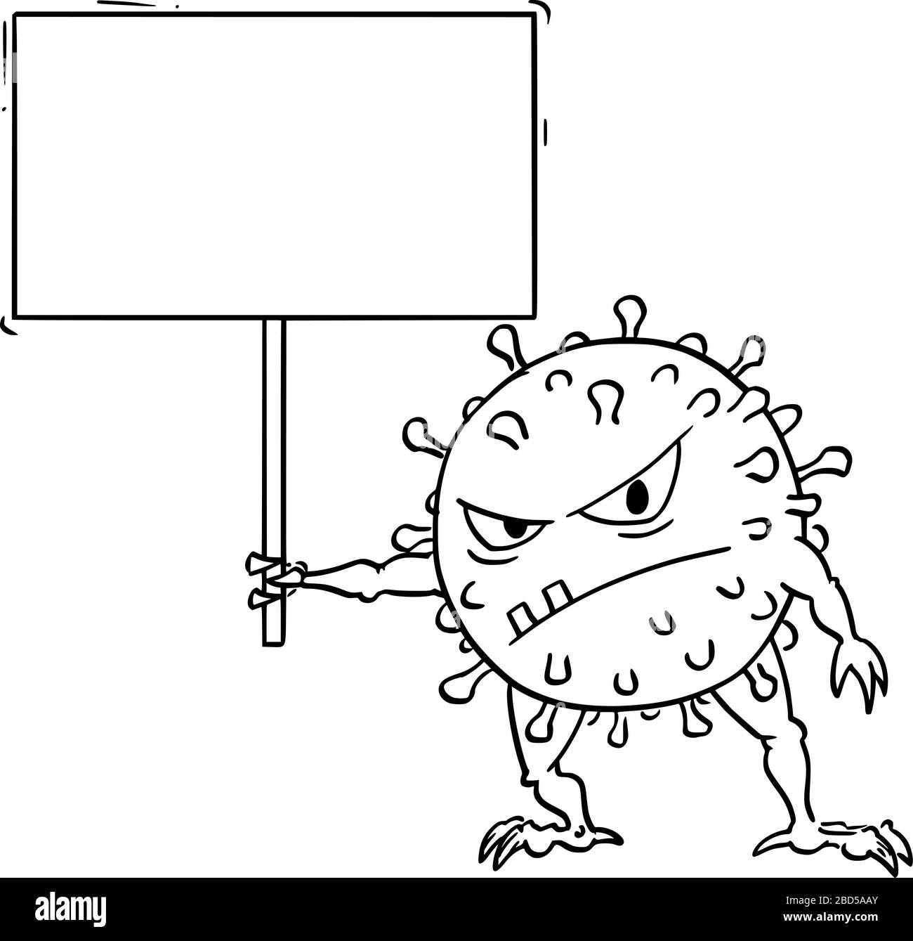 Vektor-Cartoon lustige Illustration von lustigen Coronavirus COVID-19-Virus-Monster mit leerem Schild für Ihren Text. Stock Vektor