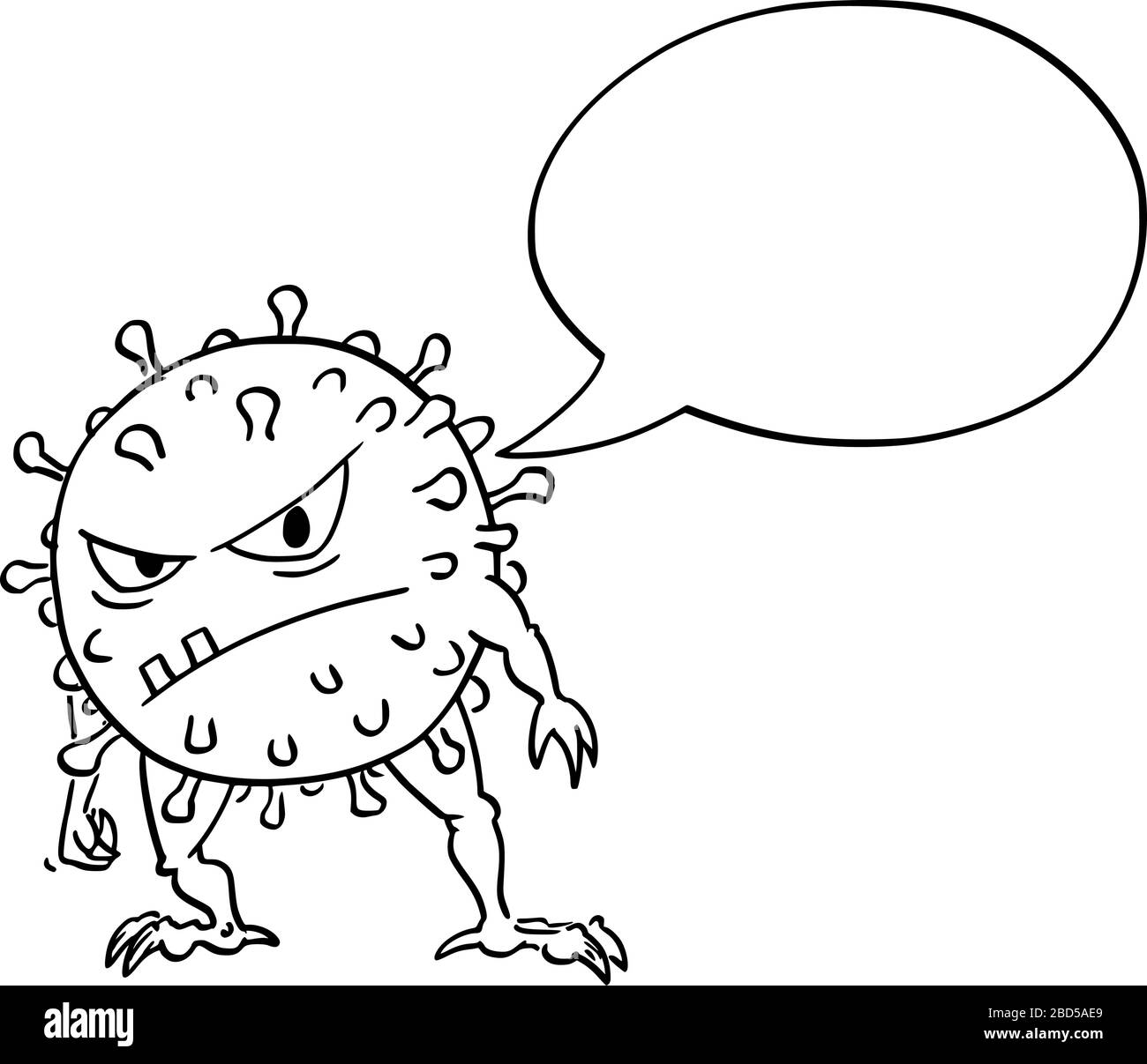 Vektor-Cartoon lustige Illustration des komischen, verrückten Coronavirus COVID-19-Virus-Monsters mit leerer Sprechblase, die etwas sagt. Stock Vektor