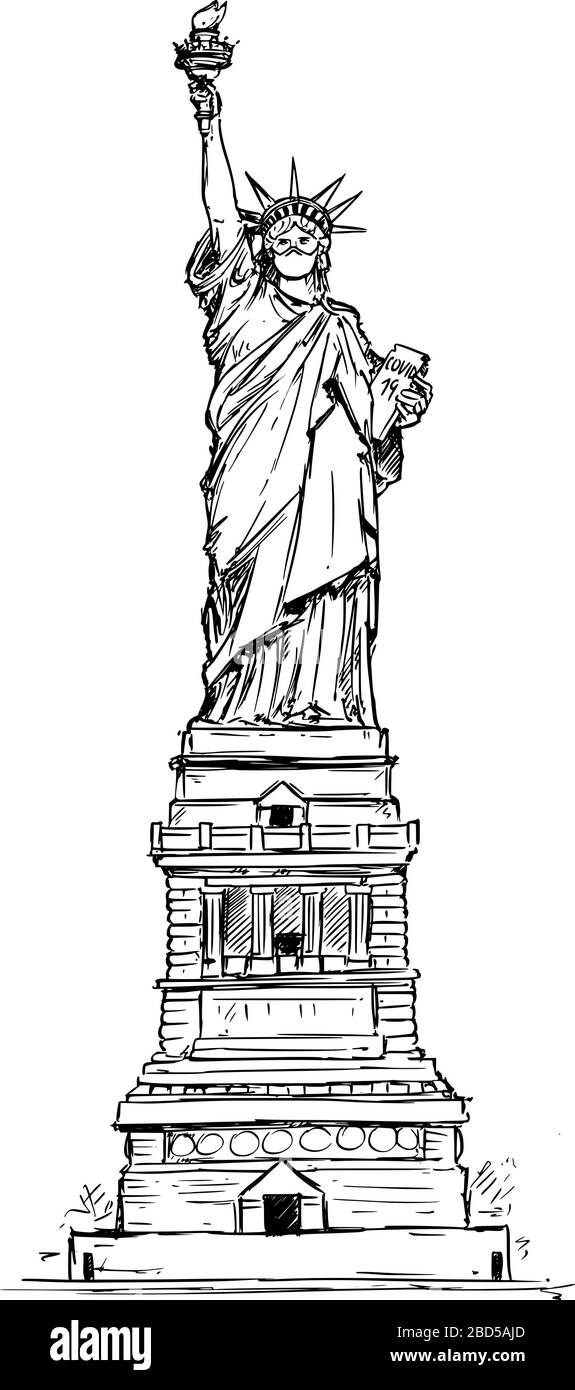 Vektor-Zeichnung Illustration der Freiheitsstatue mit Gesichtsmaskenschutz aufgrund des Coronavirus COVID-19 Epidemieausbruchs in New York City, Vereinigte Staaten. Stock Vektor