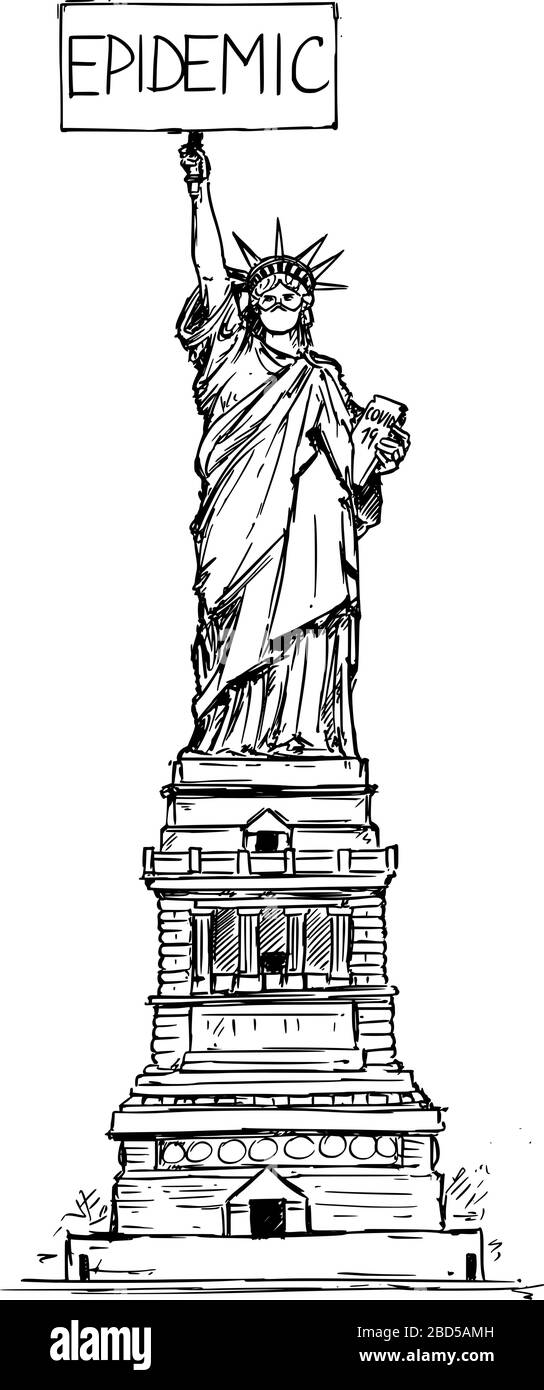 Vektor-Zeichnung Abbildung der Freiheitsstatue mit Gesichtsmaskenschutz und epidemischem Schild, das den COVID-19-Ausbruch des Coronavirus in New York City, Vereinigte Staaten, verursacht. Stock Vektor