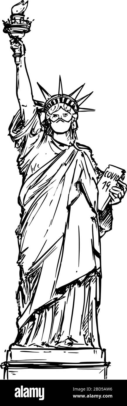 Vektor-Zeichnung Illustration der Freiheitsstatue mit Gesichtsmaskenschutz aufgrund des Coronavirus COVID-19 Epidemieausbruchs in New York City, Vereinigte Staaten. Stock Vektor