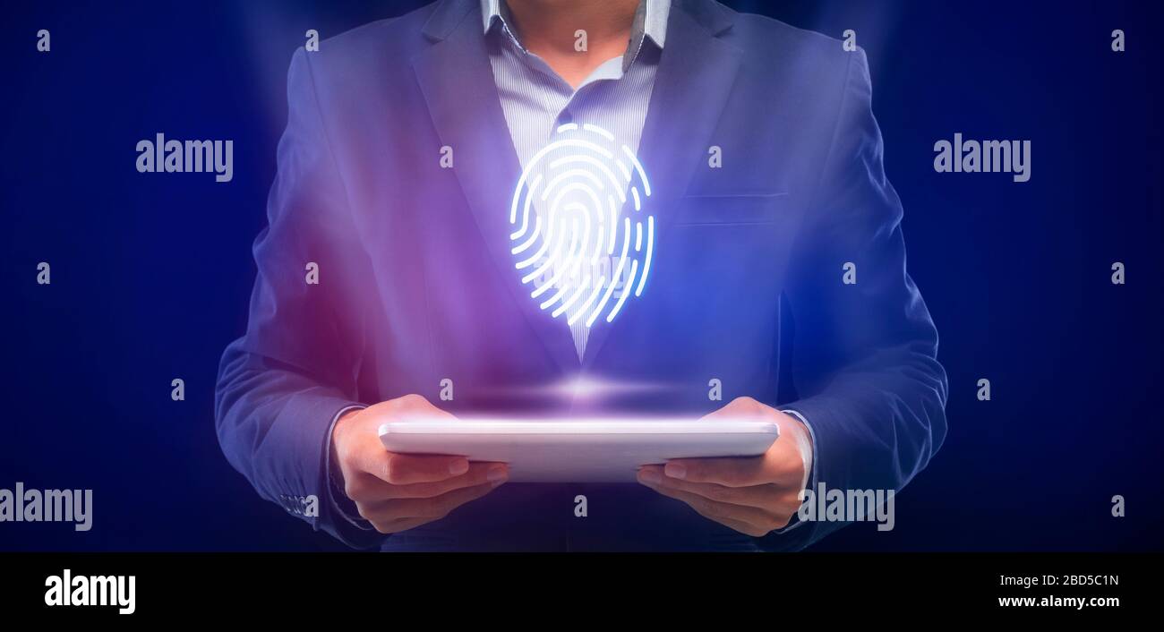 Businessman Holding Digital Tablet Mit Fingerabdruck Verifizierungszugriff Blauer Hintergrund Stockfotografie Alamy