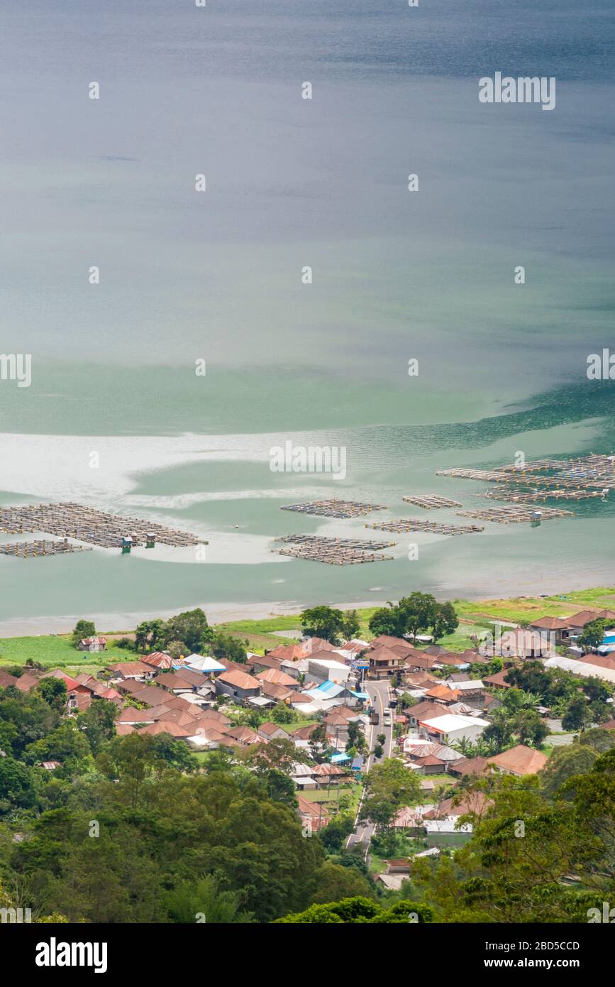 Vertikaler Luftblick über die Fischhaltung in Kintamani am Batur-See in Bali, Indonesien. Stockfoto