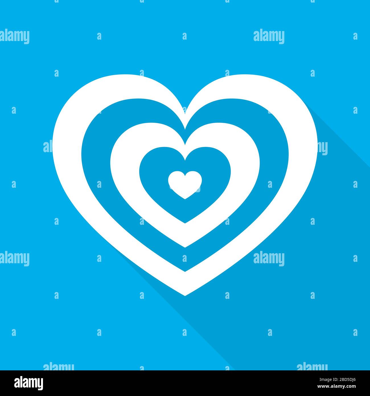 Weißes Herz für den Valentinstag. Abstraktes Herz mit langem Schatten auf blauem Hintergrund in flachem Design. Vektorgrafiken. Stock Vektor