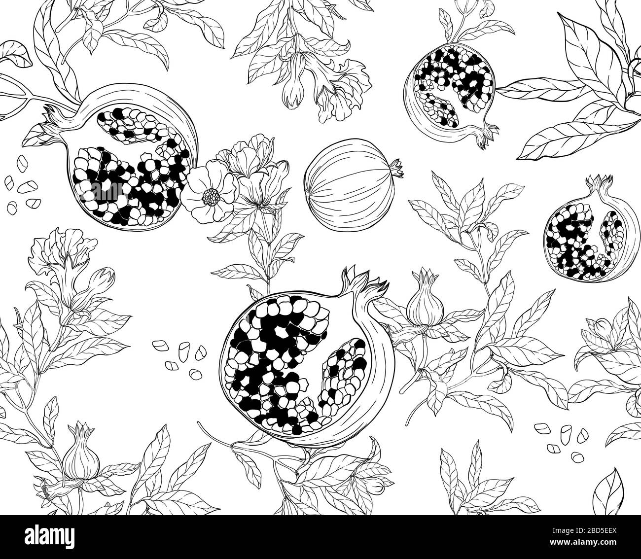 Vektor nahtloses Muster mit Granatapfeln und Samen auf weißem Hintergrund. Design für Kosmetik, Spa, Granatapfelsaft und Gesundheitsprodukte Stock Vektor