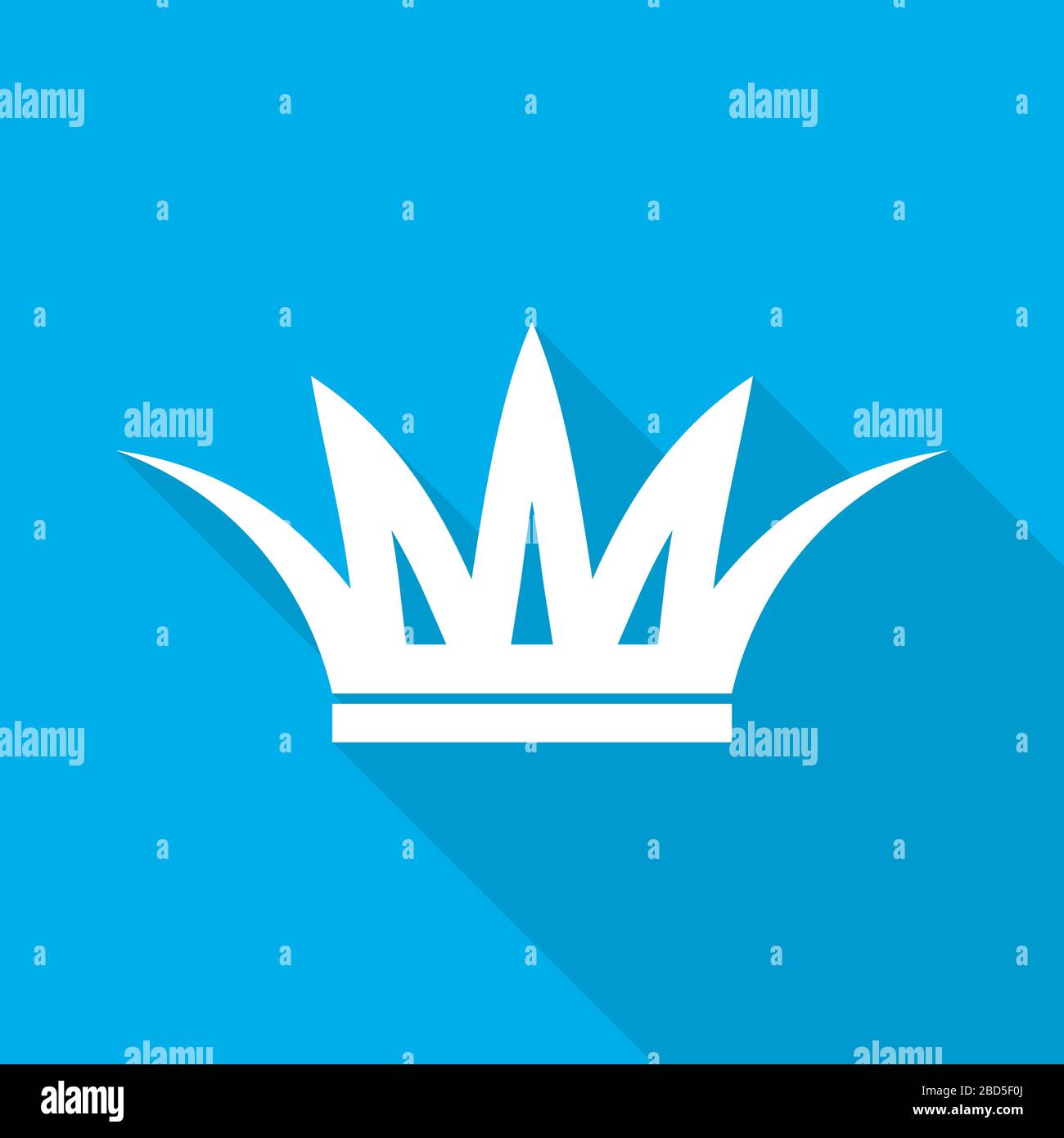 Weißes Kronensymbol in flachem Design. Vektorgrafiken. Symbol der Krone mit langem Schatten auf blauem Hintergrund. Stock Vektor