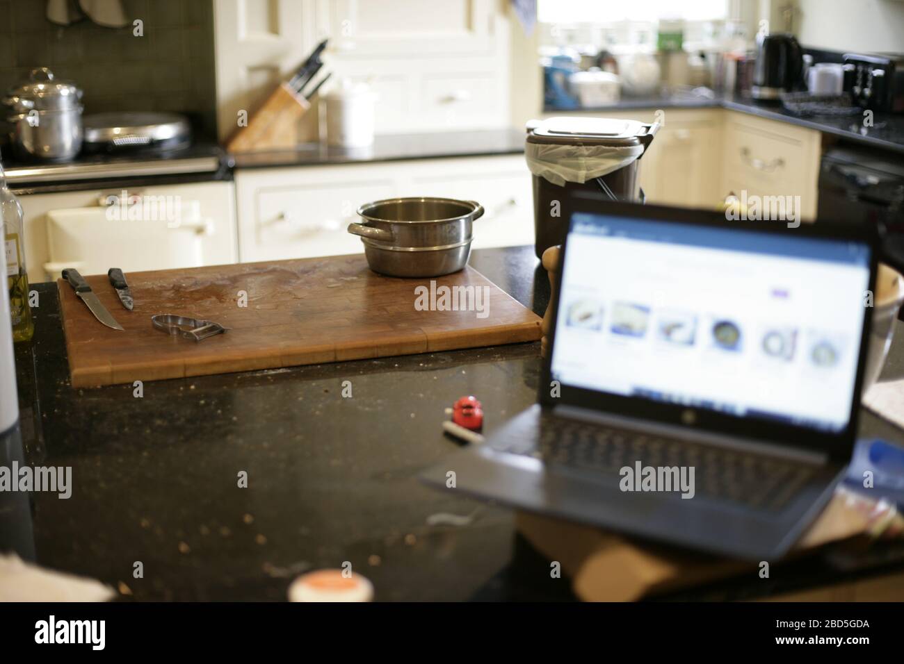 Mutter bereitet Familienessen zu Hause zu, während sie während der Selbstisolierung während der COVID-19-Pandemie 2020 in der Küche am Laptop arbeitet Stockfoto