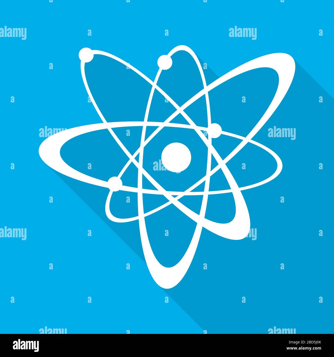 Atom-Symbol in flachem Design. Symbol für weißes Molekül oder Atom mit langem Schatten auf blauem Hintergrund. Vektorgrafiken. Stock Vektor