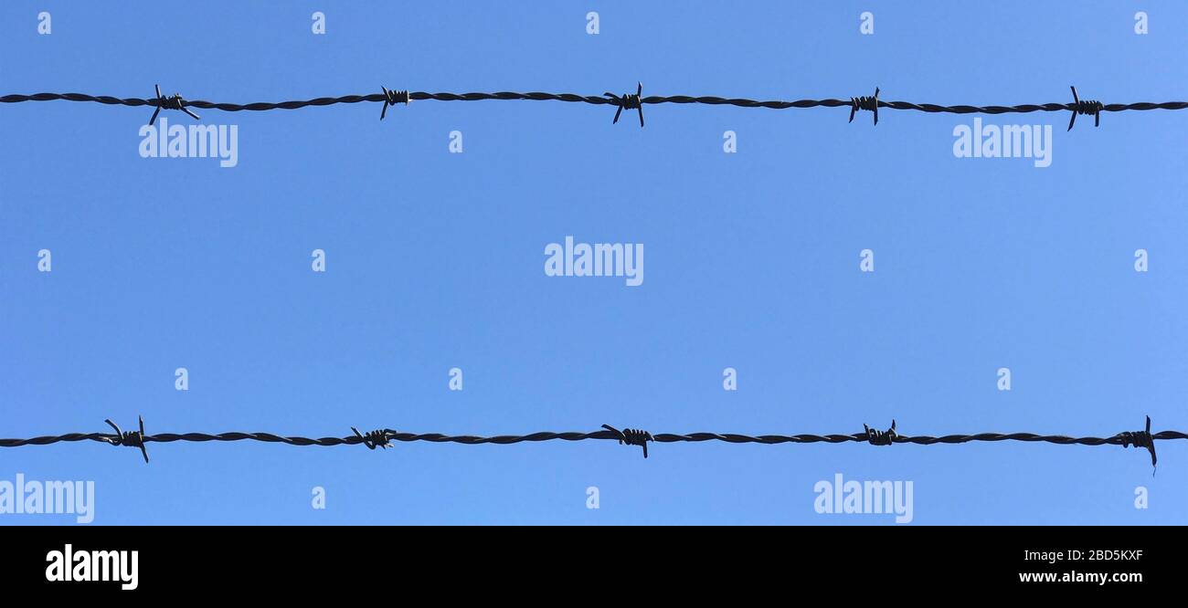 Sperrdrahtzaun mit blauem Himmel im Hintergrund Stockfoto