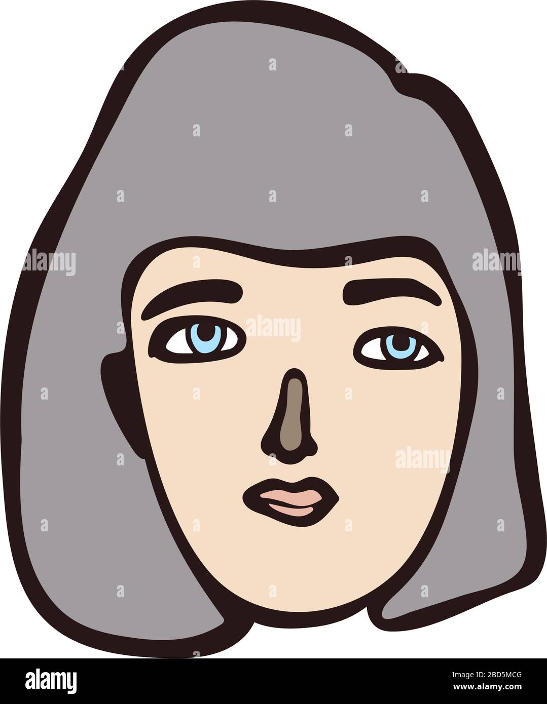 Minimalistisches linear isoliertes Frauenporträt. Grauhaariges Mädchen, weißes Gesicht mit hellen Augen. Einfache Gesichtszüge. Skandinavische primitive Grafik Stock Vektor