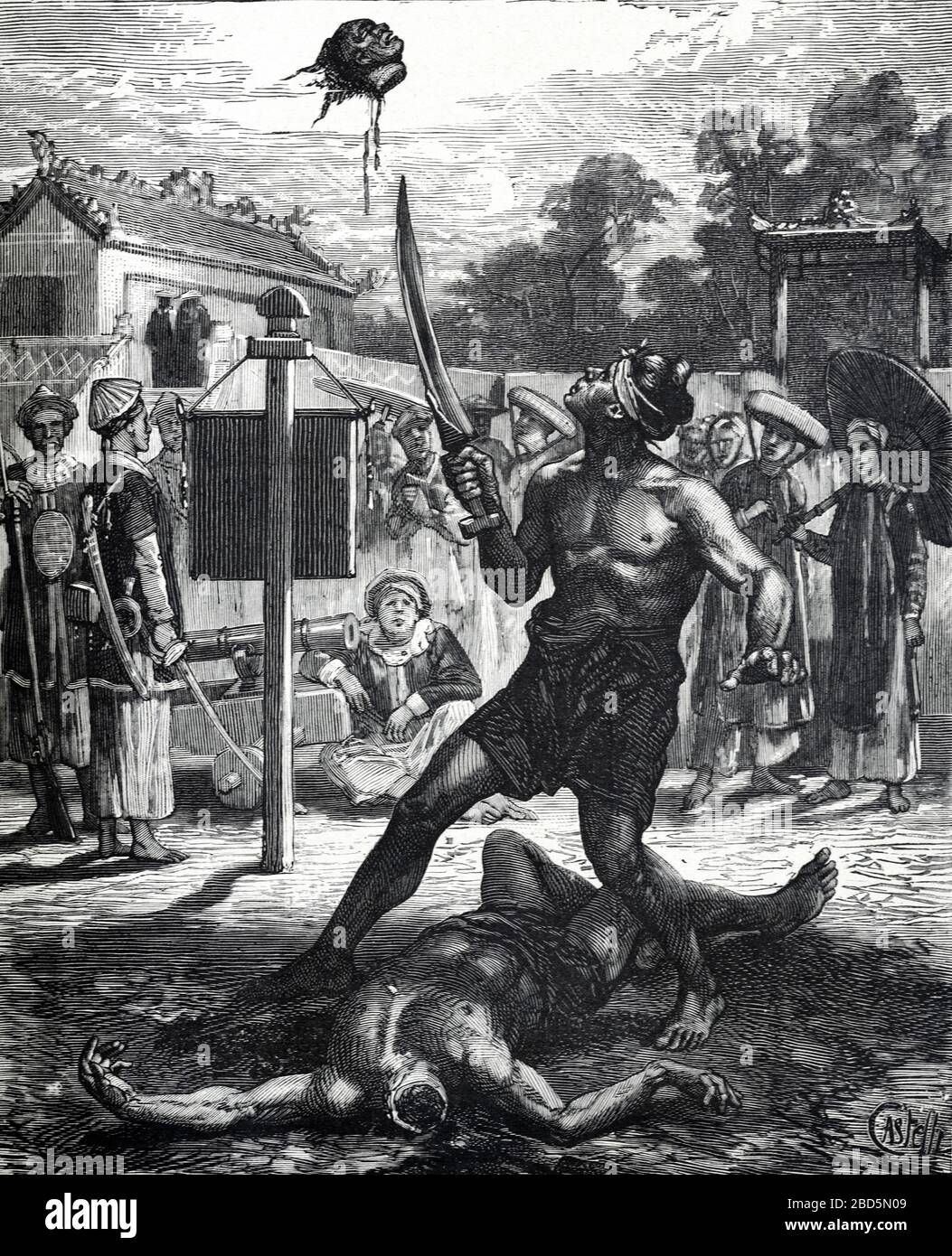 Öffentliche Hinrichtung oder Enthauptung mit Schwert in Annan Indochina, heute Vietnam. Vintage oder Old Illustration oder Gravur 1882 Stockfoto