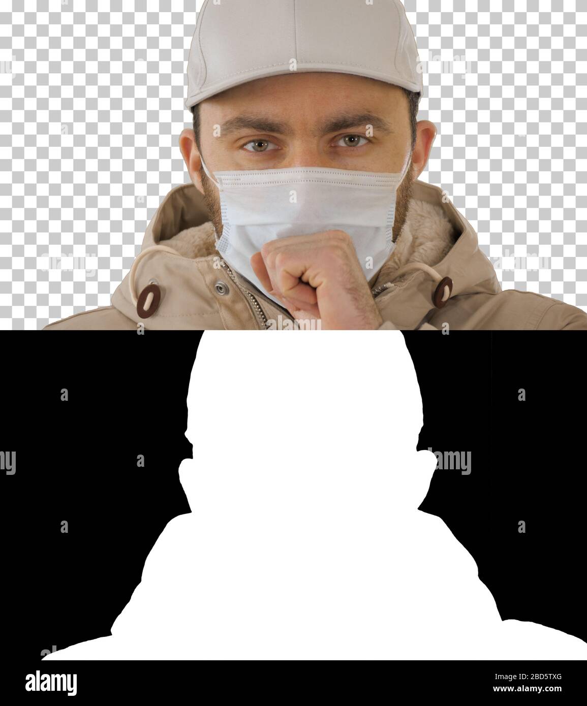 Gehustet Casual man in Medical mask, Alpha Channel Stockfoto