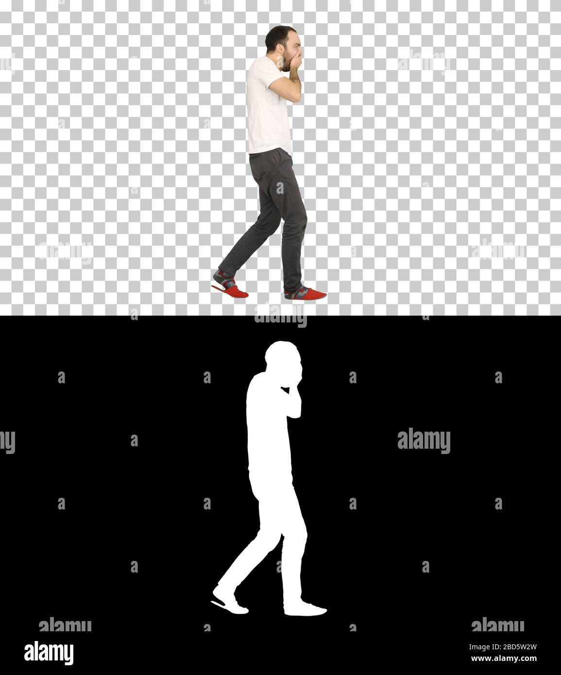 Schlafender Mann gähnelt und geht, Alphakanal Stockfoto