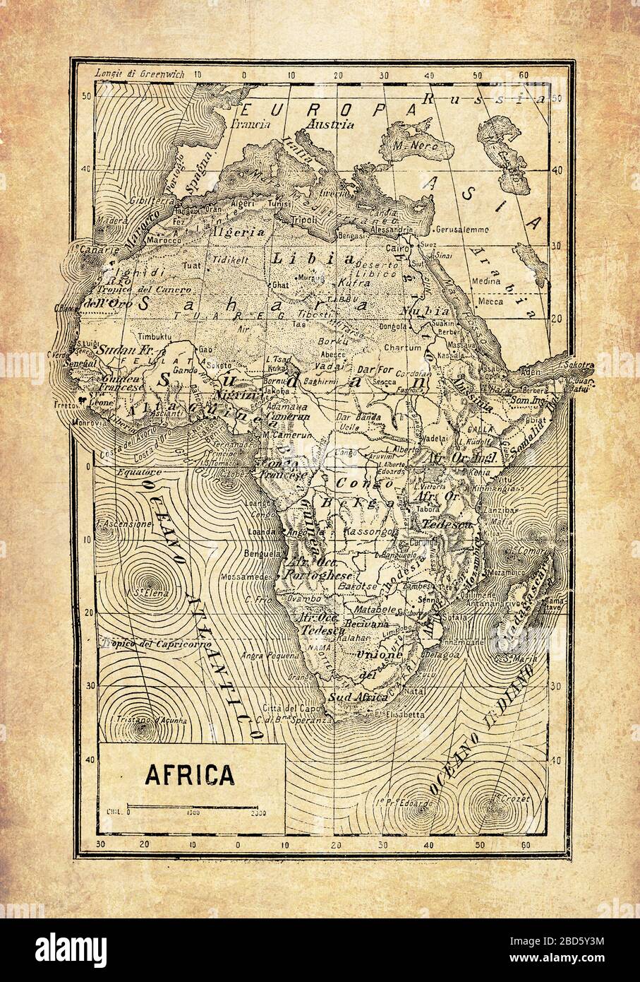 Alte Karte des afrikanischen Kontinents mit geographischen italienischen Namen und Beschreibungen Stockfoto
