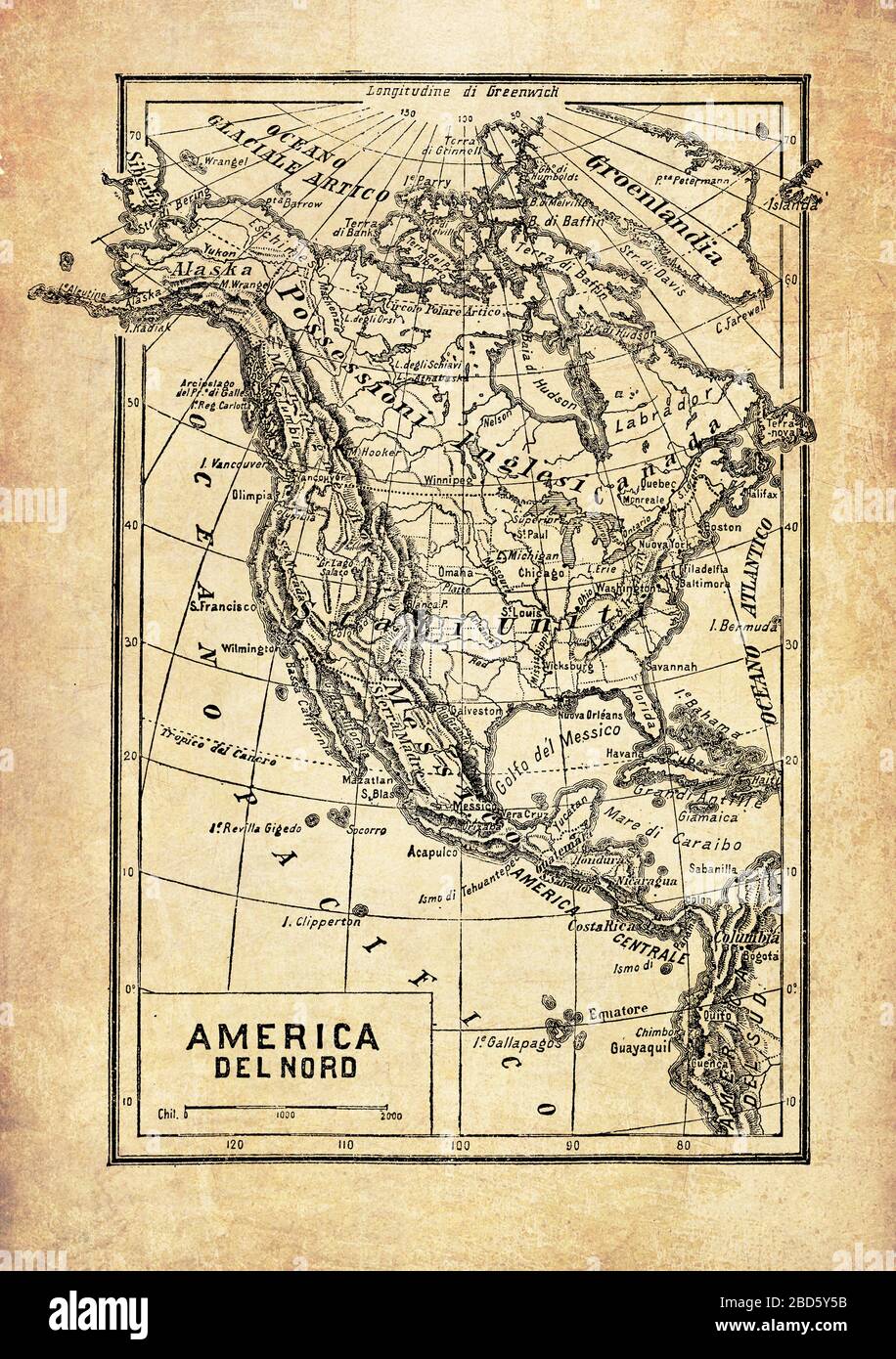 Alte Karte von Nordamerika und einem Teil von Mittelamerika und der Karibik mit geografischen italienischen Namen und Beschreibungen Stockfoto