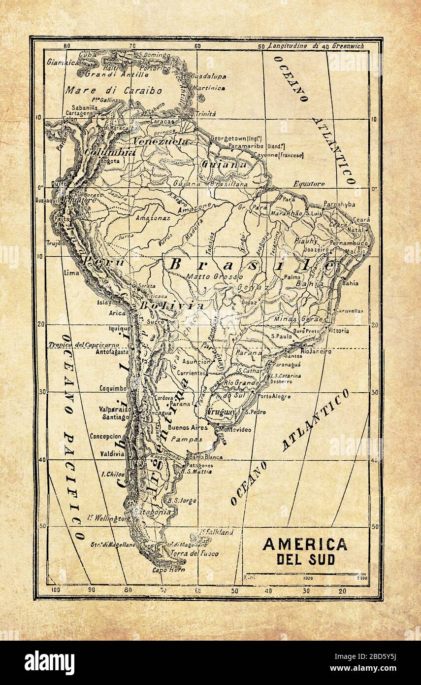 Alte Karte des südamerikanischen Subkontinents und Teil der Karibik mit geografischen italienischen Namen und Beschreibungen Stockfoto