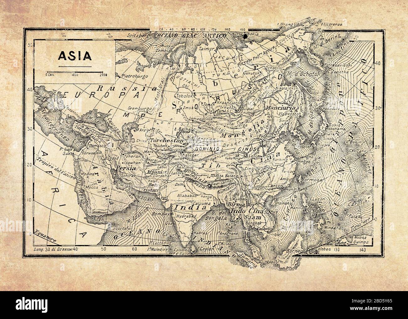 Alte Karte des asiatischen Kontinents und der ihn umgebenden Ozeane mit geographischen italienischen Namen und Beschreibungen Stockfoto