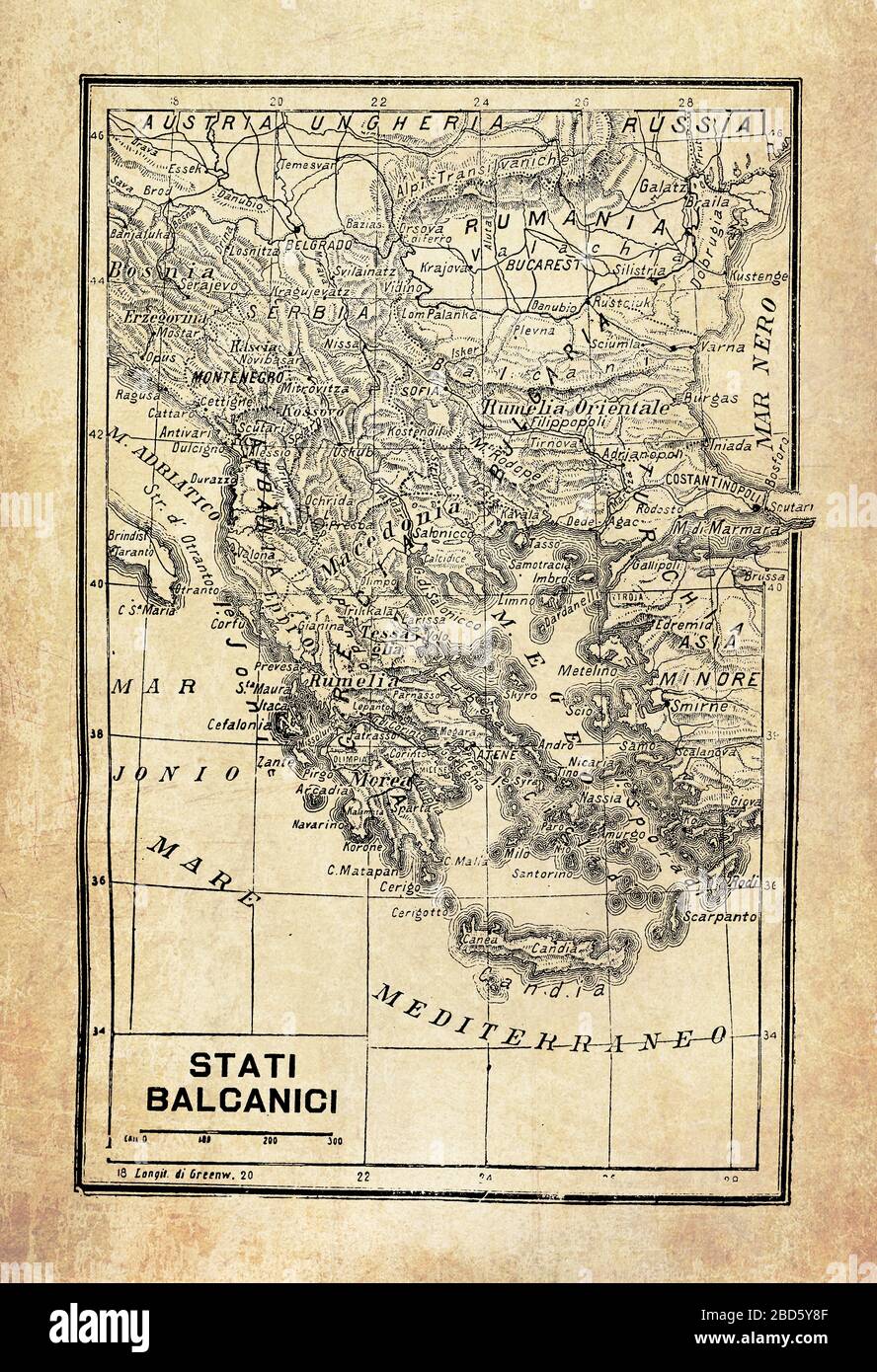 Alte Karte der Balkanhalbinsel in Südosteuropa und der Meere und Inseln, die sie umgeben, mit geografischen italienischen Namen und Beschreibungen Stockfoto
