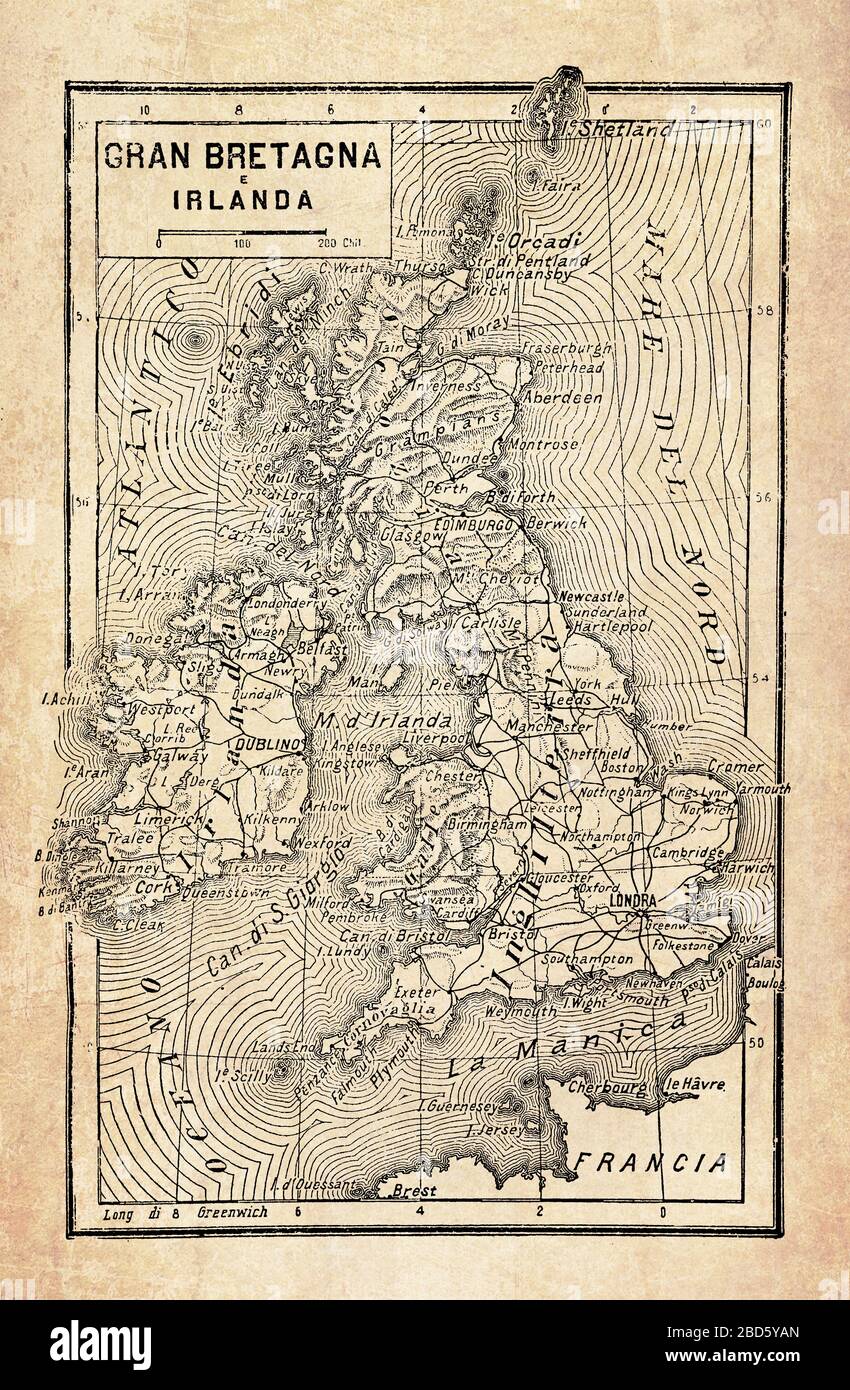 Alte Karte der Inseln Großbritannien und Irland im Nordatlantik mit dem Archipel der britischen Inseln, mit geografischen italienischen Namen und Beschreibungen Stockfoto
