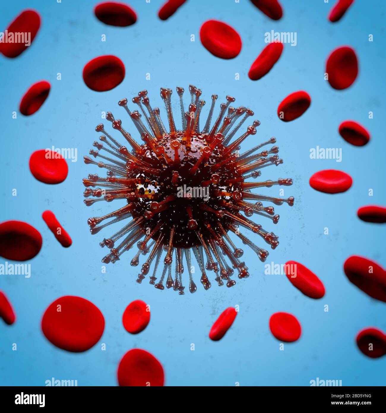 Rotes Coronavirus Kovid 19 und um eine Blutzelle. Künstlerische Wirkung auf blauem Hintergrund. 3D-Rendering Stockfoto