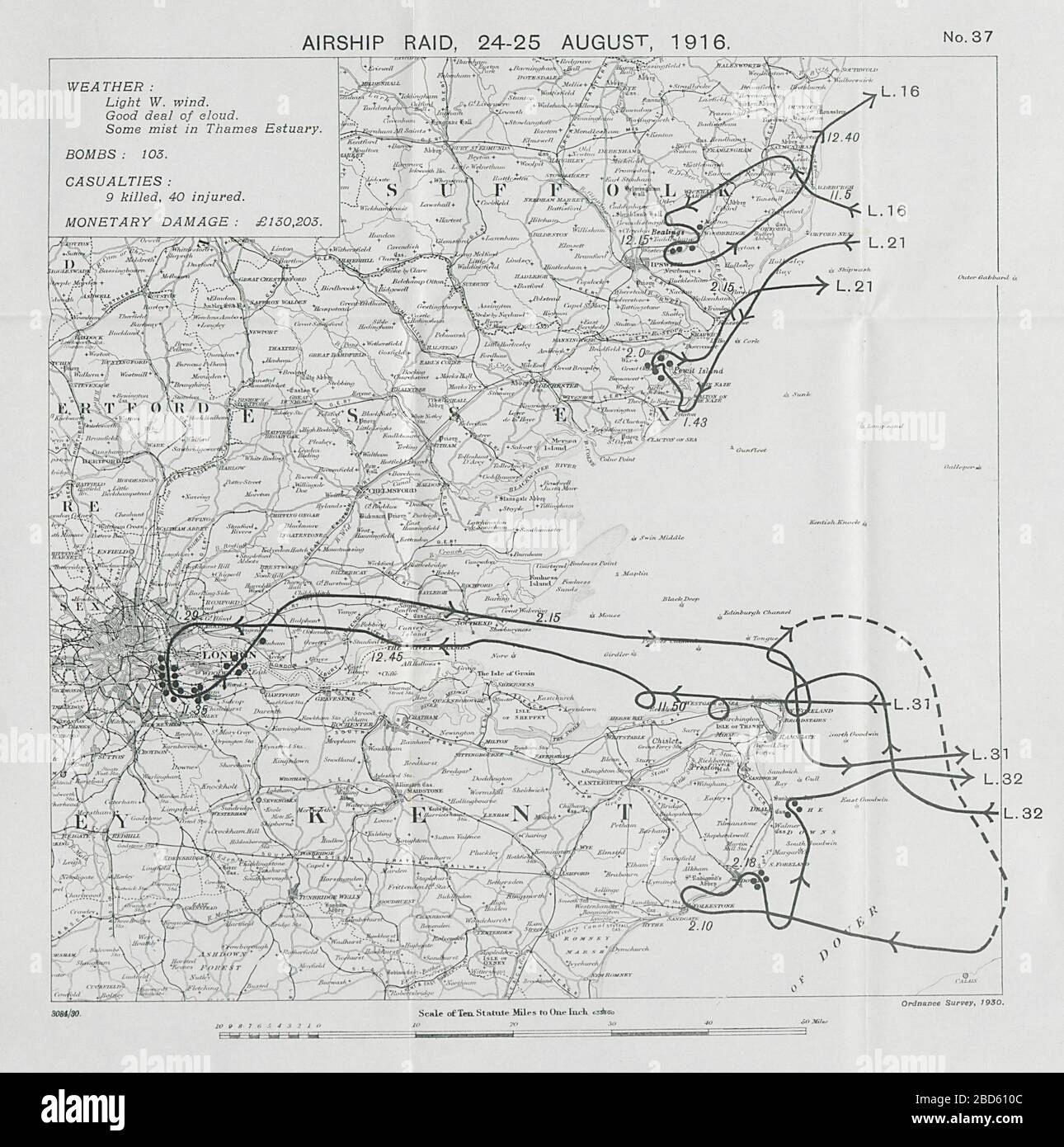 Erster Weltkrieg Deutscher luftschiff-überfall 24.-25. August 1916 London Dover Ipswich Deal 1930 Karte Stockfoto