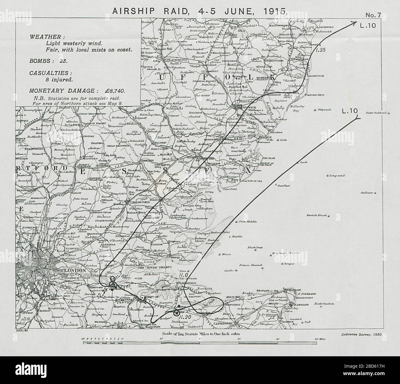 Erster Weltkrieg Deutscher luftschiff-überfall 4.-5. Juni 1915. Gravesend Sittingbourne Kent Karte von 1930 Stockfoto