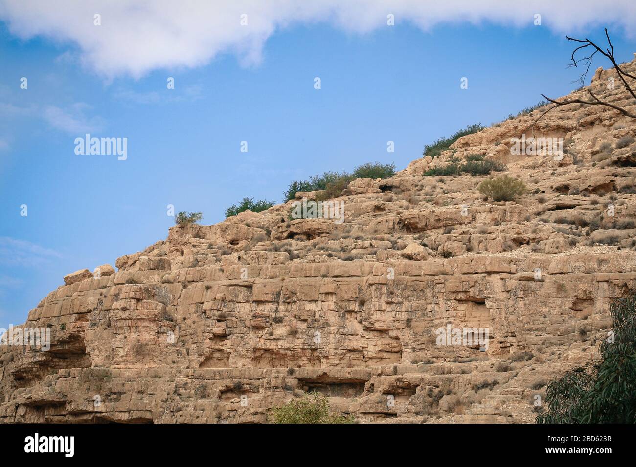 Die Quelle fließt in ein Natursteinbecken, und ihr Ausstoß (rund 1500 m³ pro Tag) schafft einen Bach, der das ganze Jahr über fließt. Stockfoto