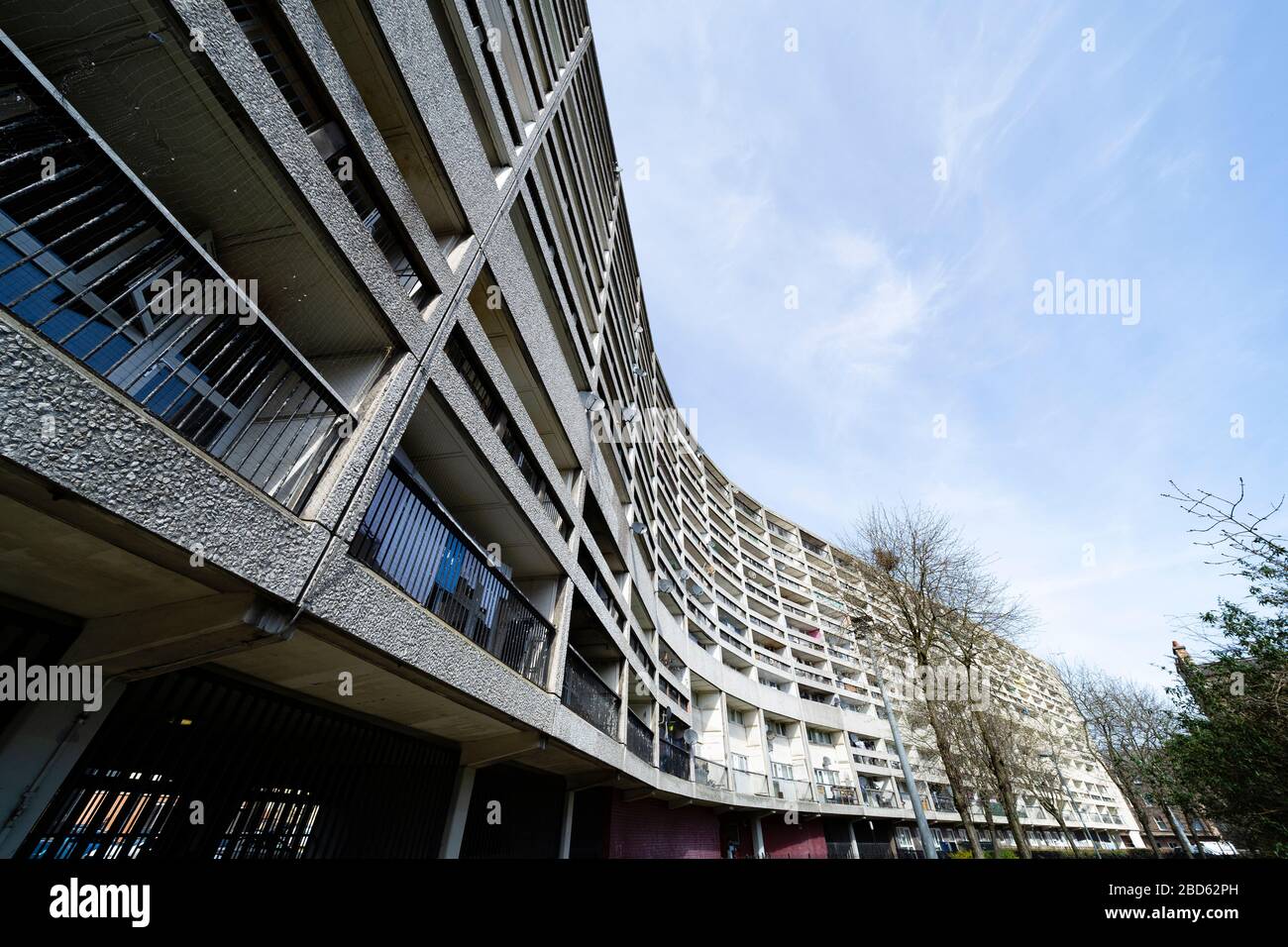 Außenansicht des Cables Wynd House Appartementblocks, bekannt als die Banana Flats, in Leith, Schottland, Großbritannien Stockfoto