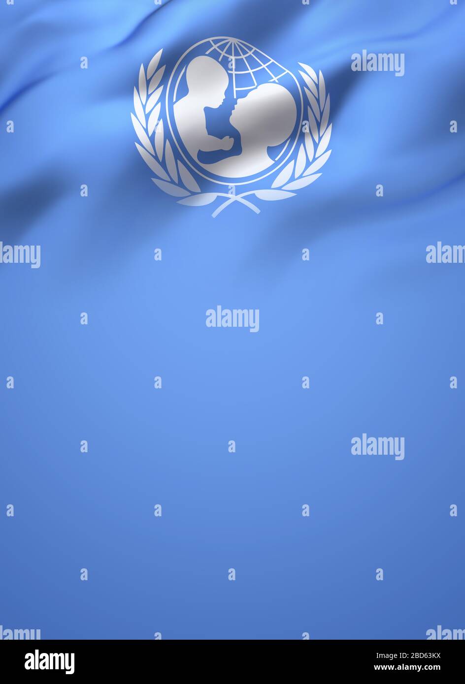 UNICEF-Flagge weht im Wind, ganzseitiger Deckungshintergrund. Broschüre, Flyer, Poster, Banner Designvorlage. Stockfoto