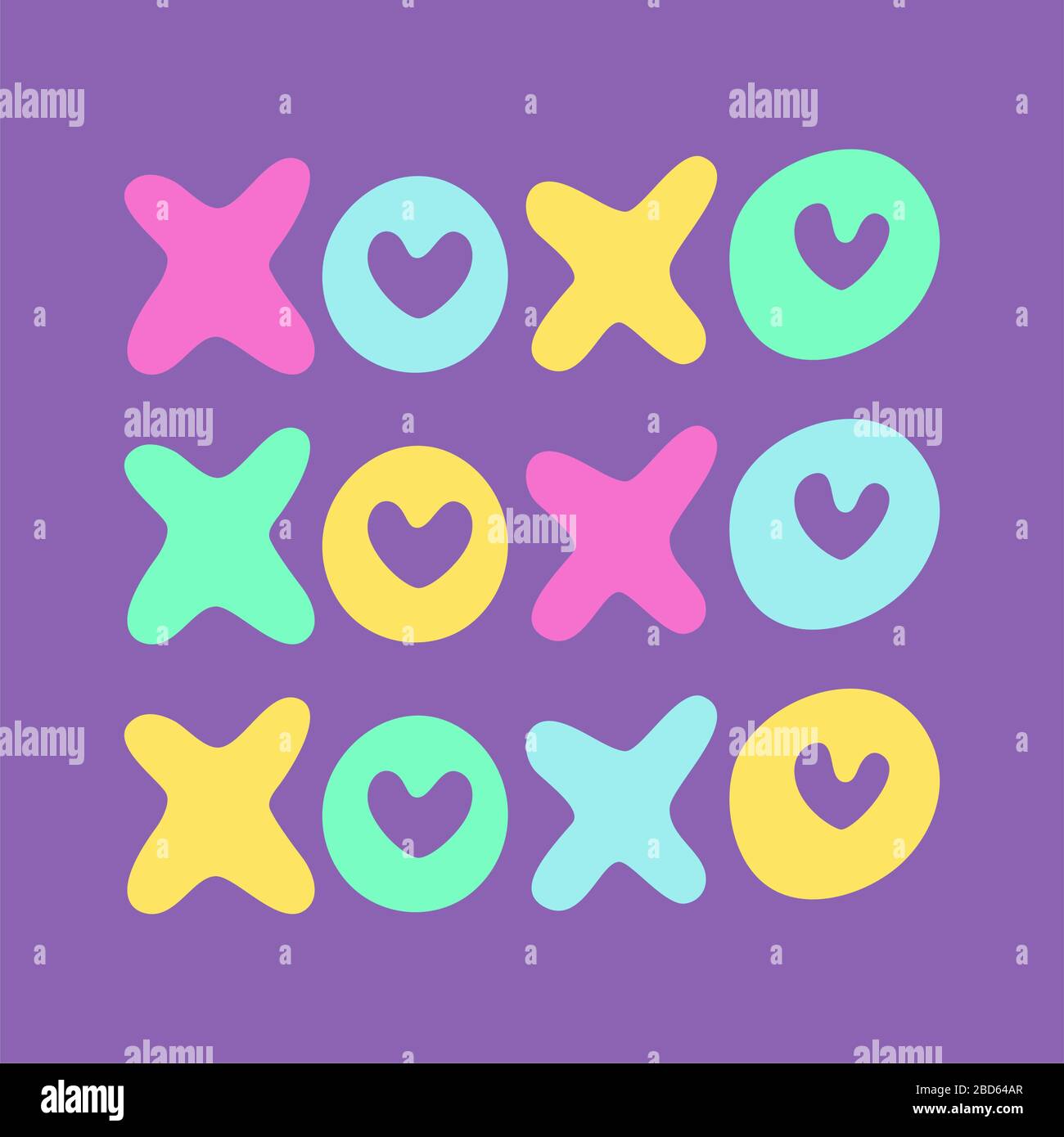 Umarmungen und Küsse XOXO Doodle für Liebeskonzept. Vektorgrafiken für valentine und Hochzeitskarte. Quadratisches Format. Helles Bild auf violettem Hintergrund Stock Vektor