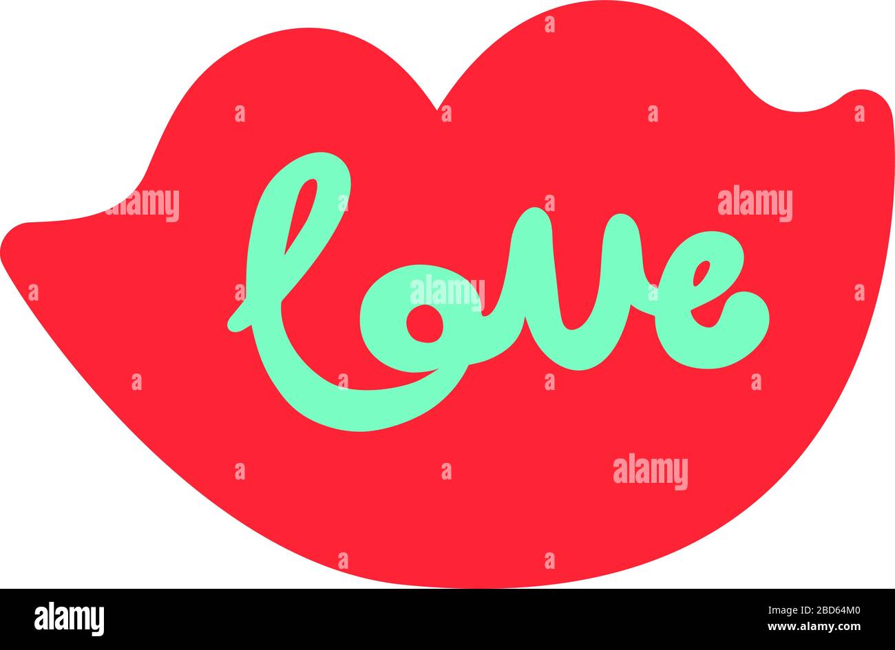 Fluoreszierende Schriftzüge lieben. Vektorgrafiken. Handgezeichnete, elegante moderne Pinselbeschriftung des Happy Valentines Day auf rot lächelnden Lippen Stock Vektor