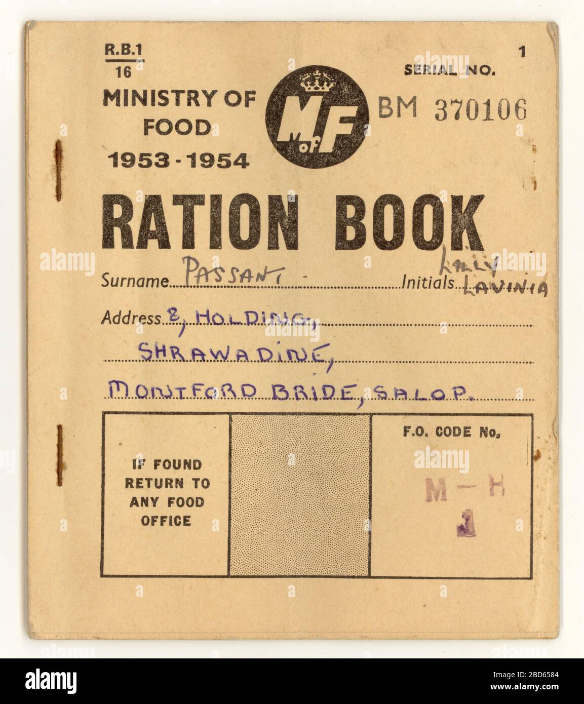 Nachkriegsbuch 1953-54, Lebensmittelministerium, für einen Bewohner von Shropshire, England, Großbritannien Stockfoto