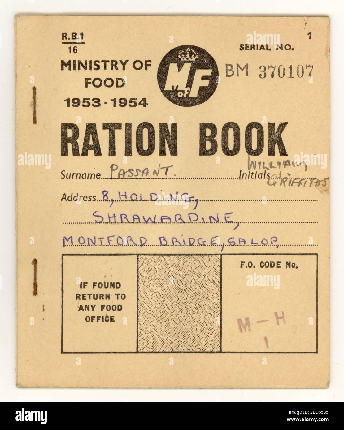 Nachkriegsbuch 1953-54, Lebensmittelministerium, für einen Bewohner von Shropshire, England, Großbritannien Stockfoto