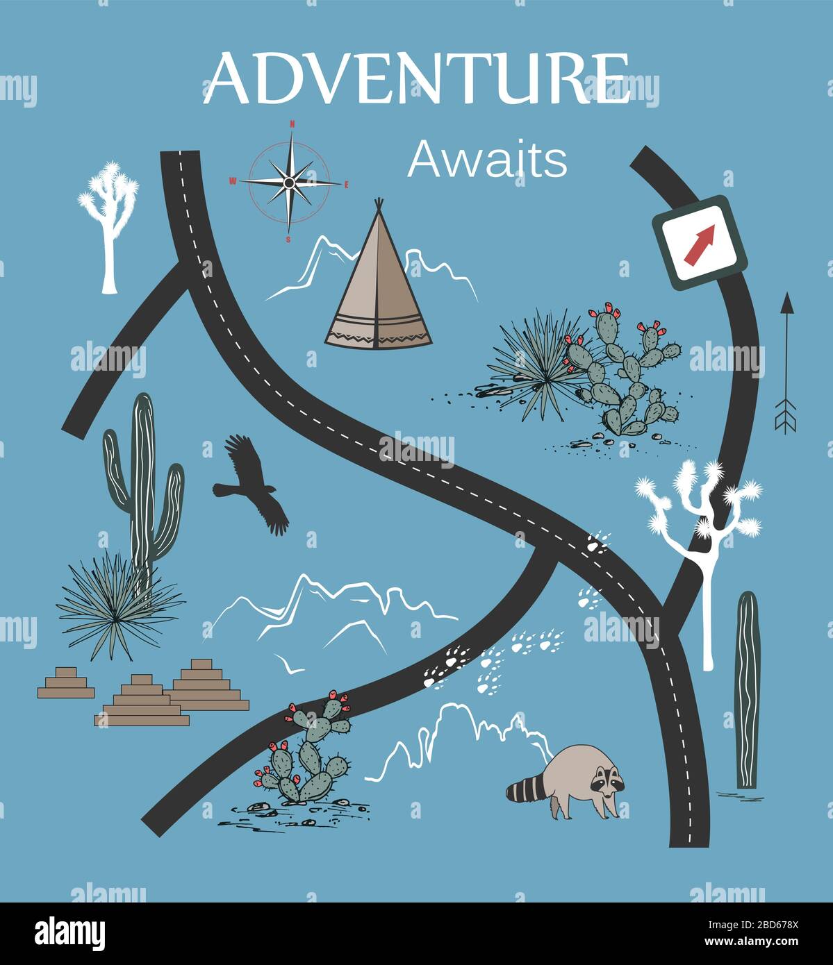 Straßen, Berge und Kakteen Abenteuerkarte. Design für Druck oder Poster mit stammesamerikanischen Elementen. Vektorgrafiken Stock Vektor