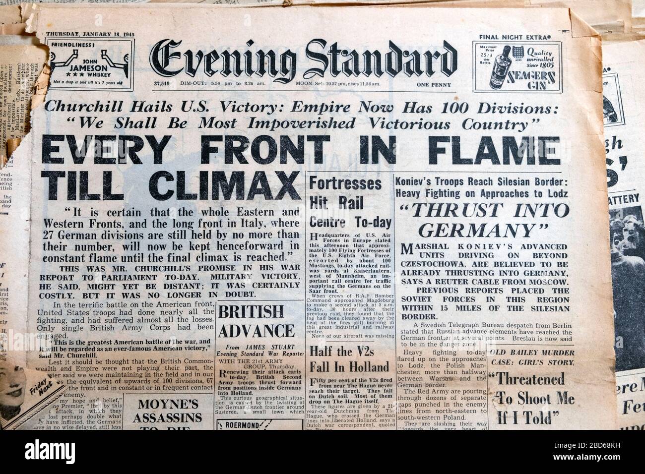 'Every Front in Flame Till Climax' 18. Januar 2018 Abend Standard WW2 britische Zeitung Headline in London England Großbritannien Großbritannien Stockfoto