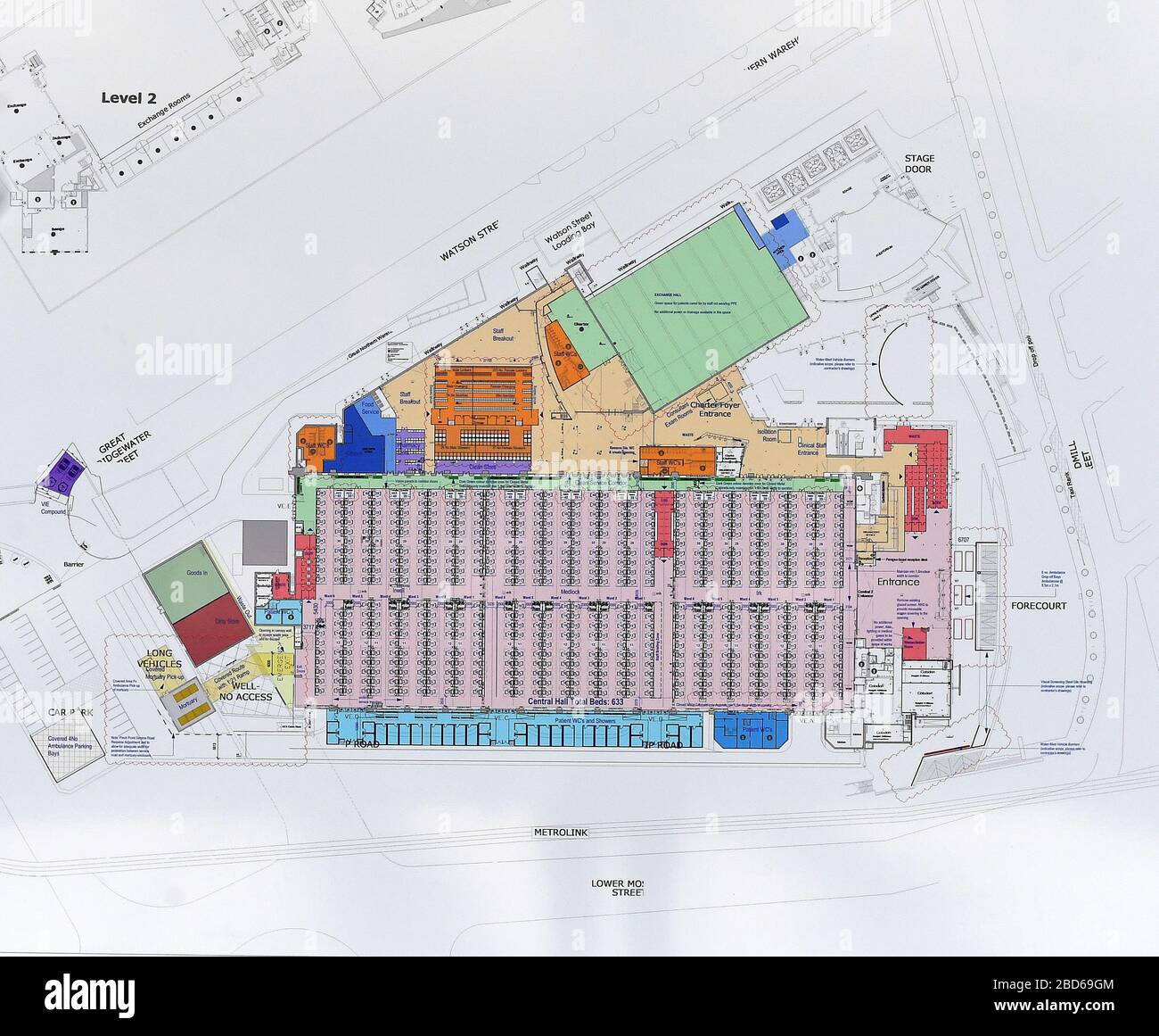 Ein Plan für das neue temporäre NHS Nightingale Hospital North West, das im Manchester Central Conference Center in Manchester gebaut wird, da Großbritannien weiterhin in Sperrungen ist, um die Ausbreitung des Coronavirus einzudämmen. Stockfoto