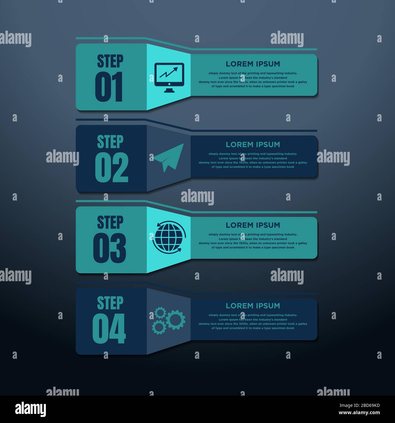 Infografiken für Unternehmen. Zeitleiste mit 4 Schritten, Beschriftungen. Infografisches Vektorelement. Stock Vektor