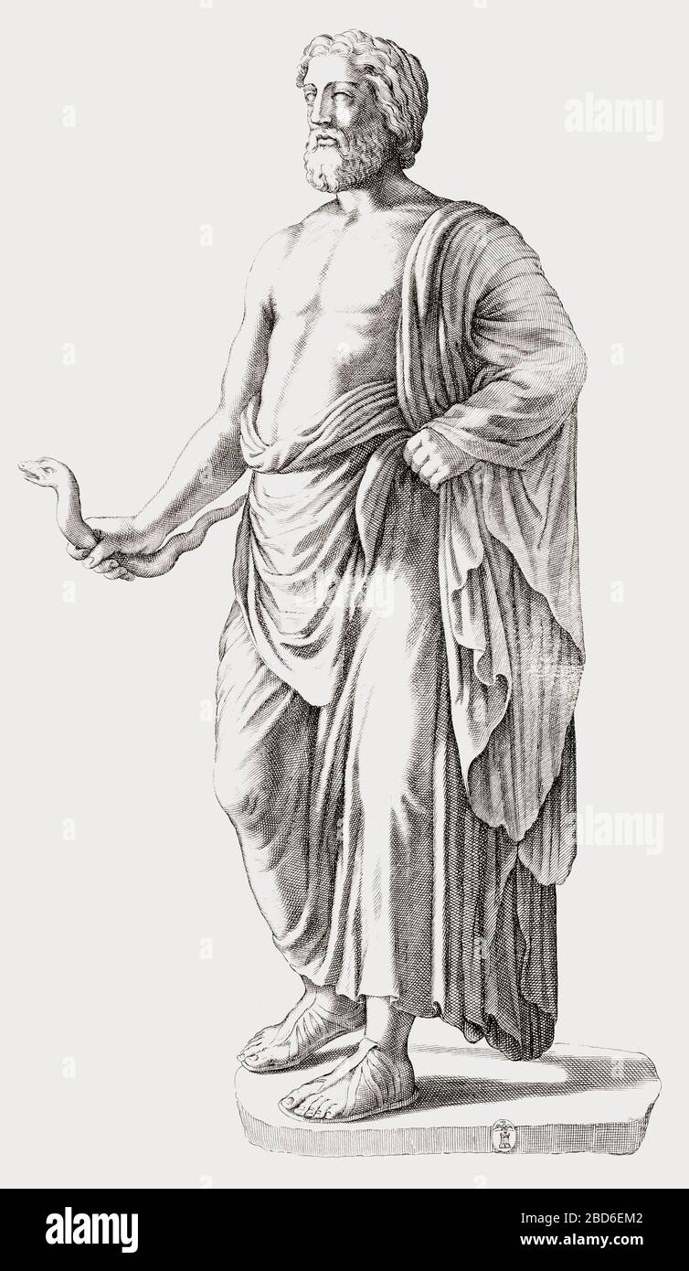 Statue des Asclepius, des altgriechischen Gottes der Medizin. Nach einer Gravur aus dem 17. Jahrhundert von Luca Ciamberlano. Stockfoto