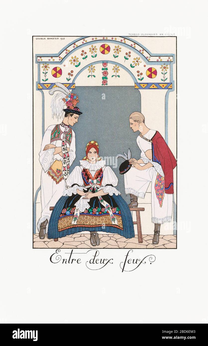 Entre Deux Feux - Zwischen zwei Feuern, nach einem Werk des französischen Künstlers Georges Barbier, 1882 - 1932. Stockfoto