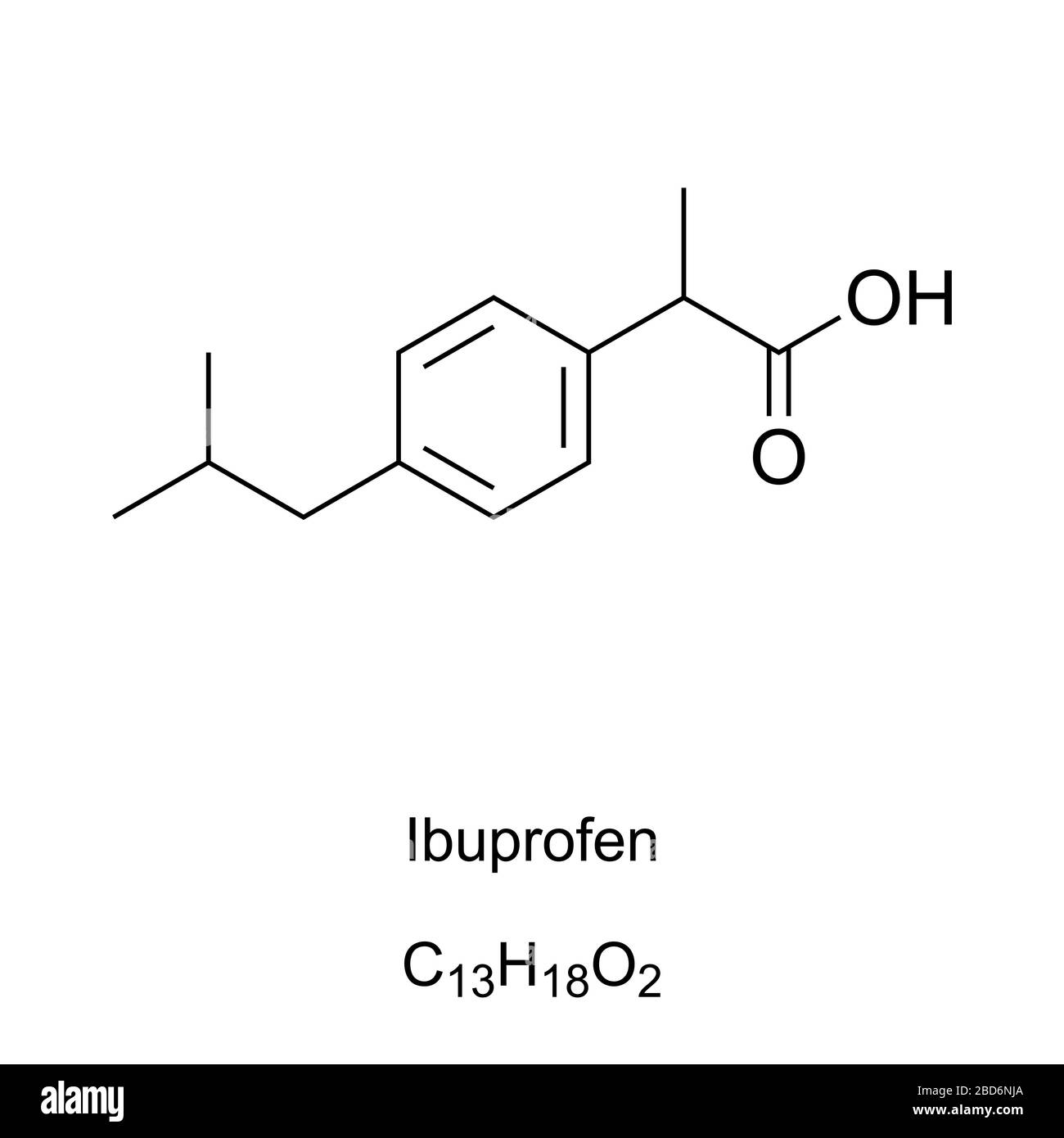 Ibuprofen, Formel und Molekularstruktur. Medikamente zur Behandlung von Schmerzen, Fieber und Entzündungen. Medikation in der NSAID-Klasse. Eines der essentiellen Medikamente. Stockfoto