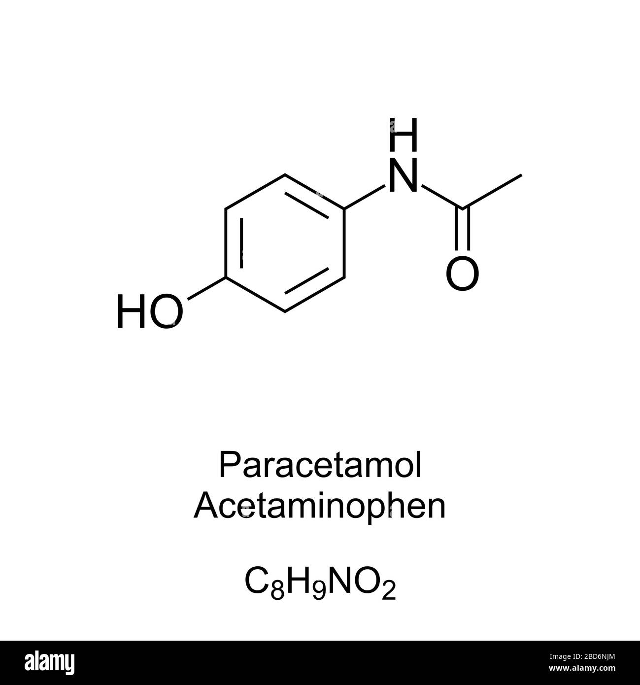 Paracetamol, Formel und Molekularstruktur. Bekannt als Acetaminophen und APAP. Medikamente zur Behandlung von Schmerzen und Fieber. Eines der essentiellen Medikamente. Stockfoto