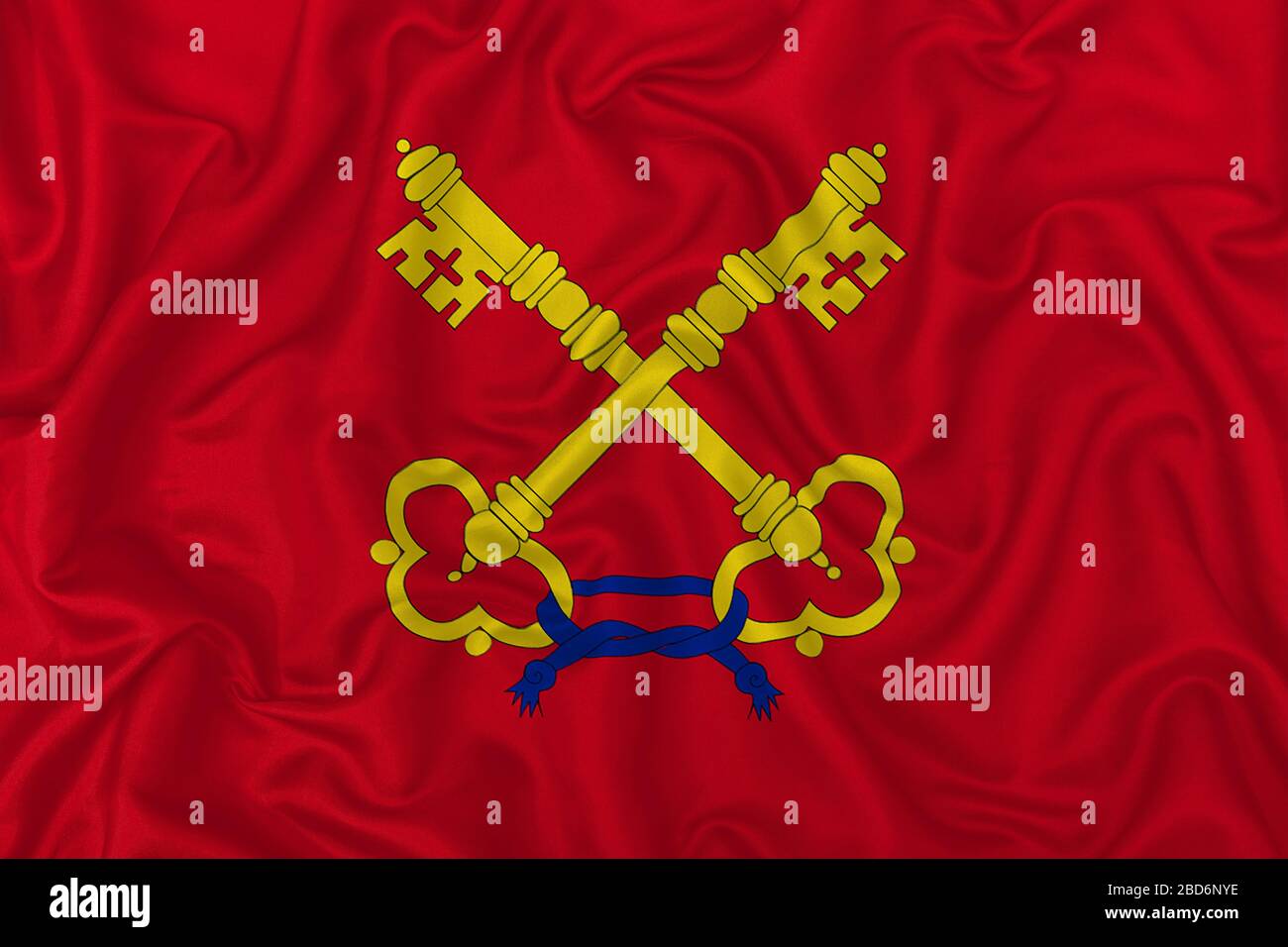 Comtat Venaissin - Papststaaten (1274-1731) - Flagge auf welligem Seidentextilien Stoffhintergrund. Stockfoto