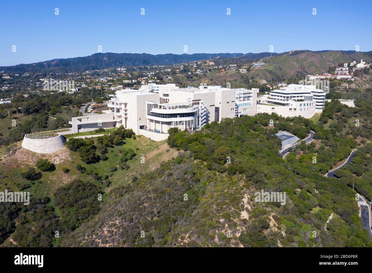 Luftaufnahmen über dem Getty Center-Museum Los Angeles, Kalifornien Stockfoto