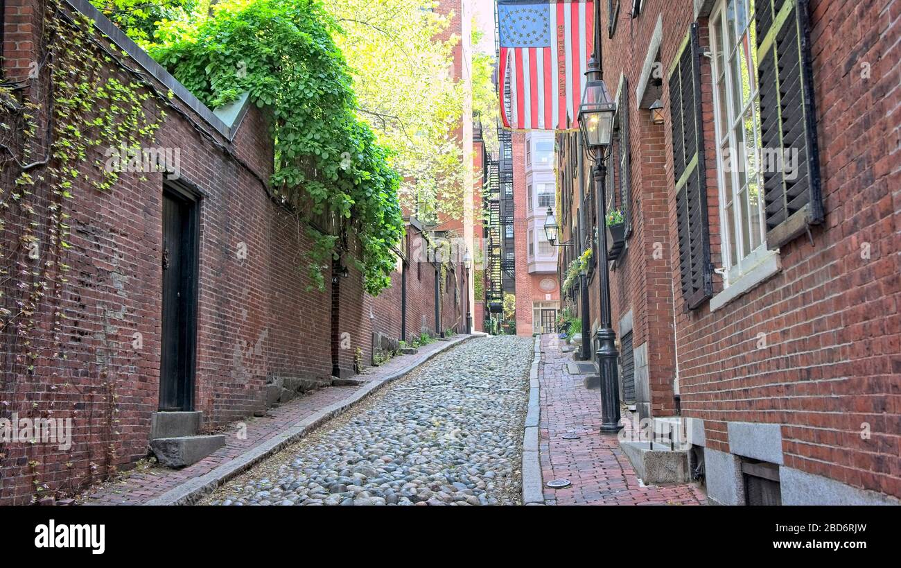 Acorn St., Beacon Hill, Boston MA. Es ist einer der Bereiche, die Boston ein europäisches Gefühl geben. Stockfoto