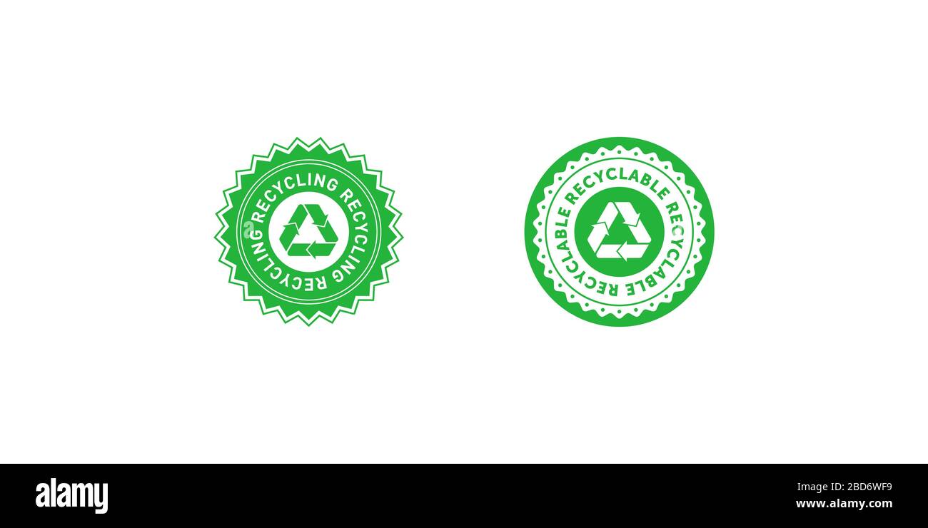 Satz von grünen Stern- und Kreisabzeichen mit Mobius-Streifen. Designelement für Verpackungsdesign und Werbematerial. Vector Stock Illustration Stock Vektor