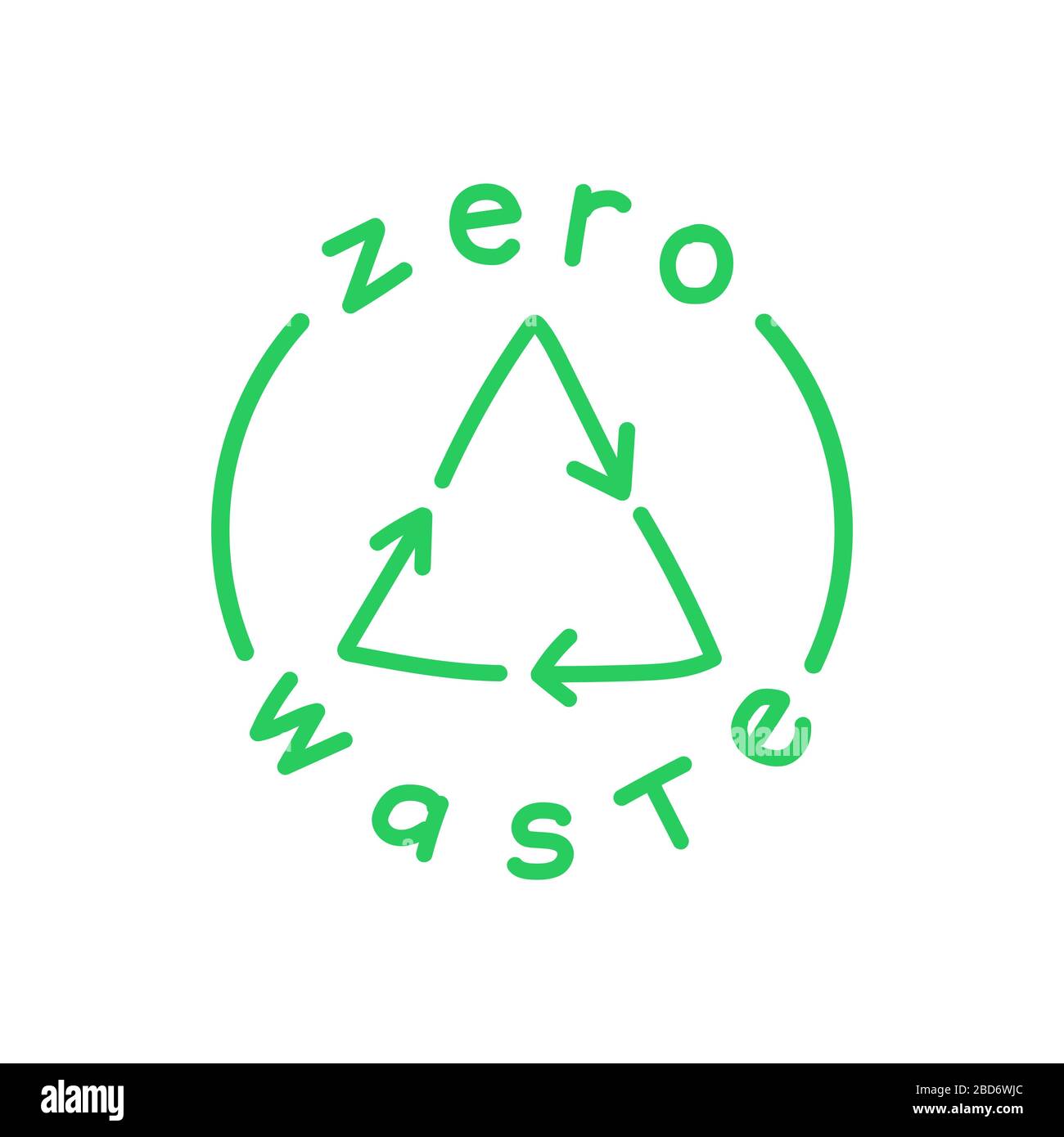 Kein Abfall handschriftlicher Text mit grünem Recycling-Zeichen auf weißem Hintergrund. Umweltzeichen, grünes Emblem. Vektorgrafiken. Stock Vektor