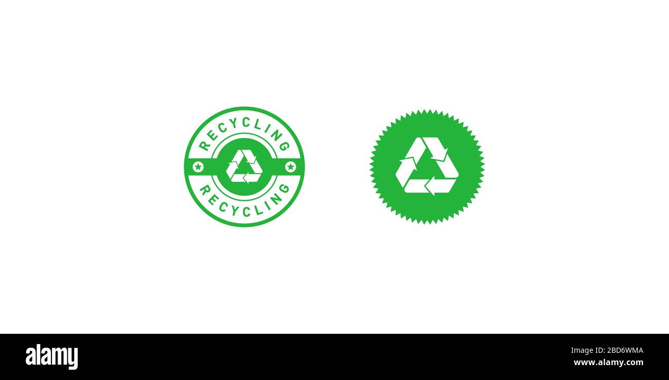 Satz von grünen Kreis- und Sternenabzeichen mit Mobius-Streifen, Band oder Schleife, Sternen. Designelement für Verpackungsdesign und Werbematerial. Vec Stock Vektor