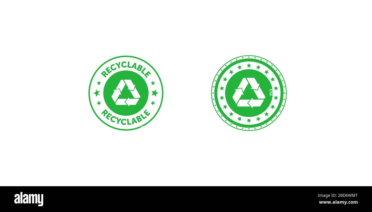 Satz recycelbarer grüner Kreisabzeichen mit Mobius-Streifen und Sternen. Designelement für Verpackungsdesign und Werbematerial. Vektor-Bestand illustriert Stock Vektor